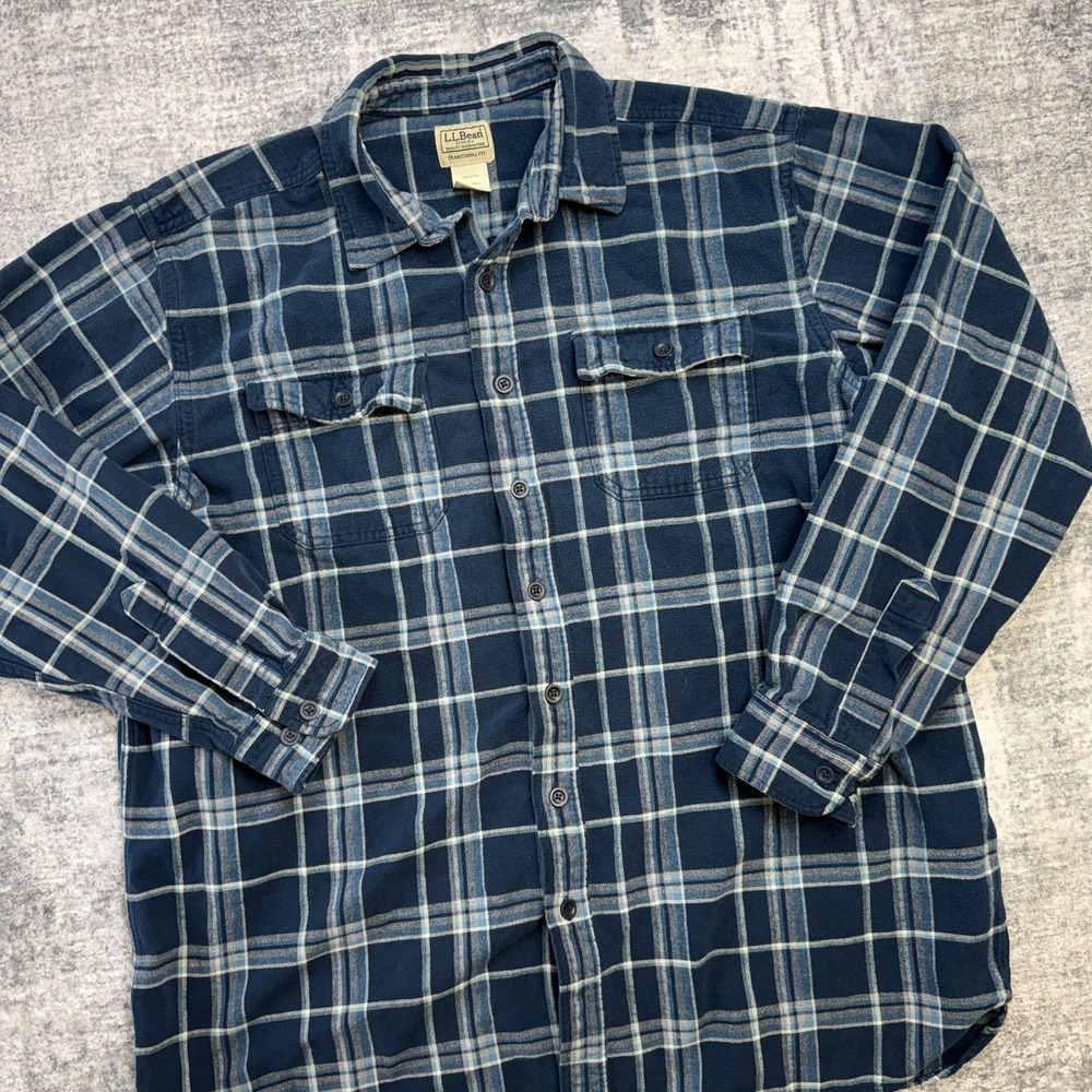 LL Bean Shirt Mens XL Tall Blue Plaid Chamois Cloth Flannel Heavyweight Chore
